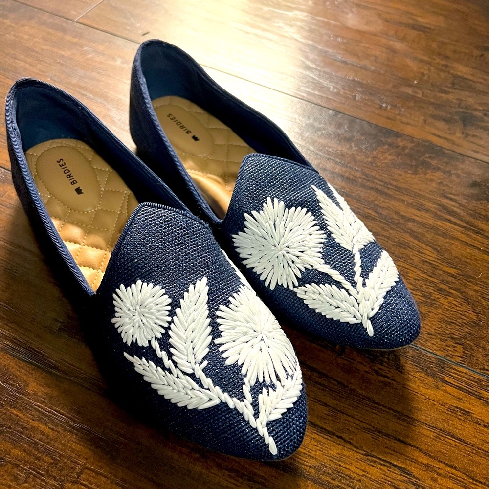 Birdies Navy Flats with White Embroidery